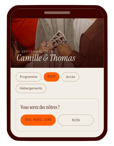 event-site-phone-mockup Invitation mariage Camille & Thomas, RSVP avec joie, date 14 septembre 2026.